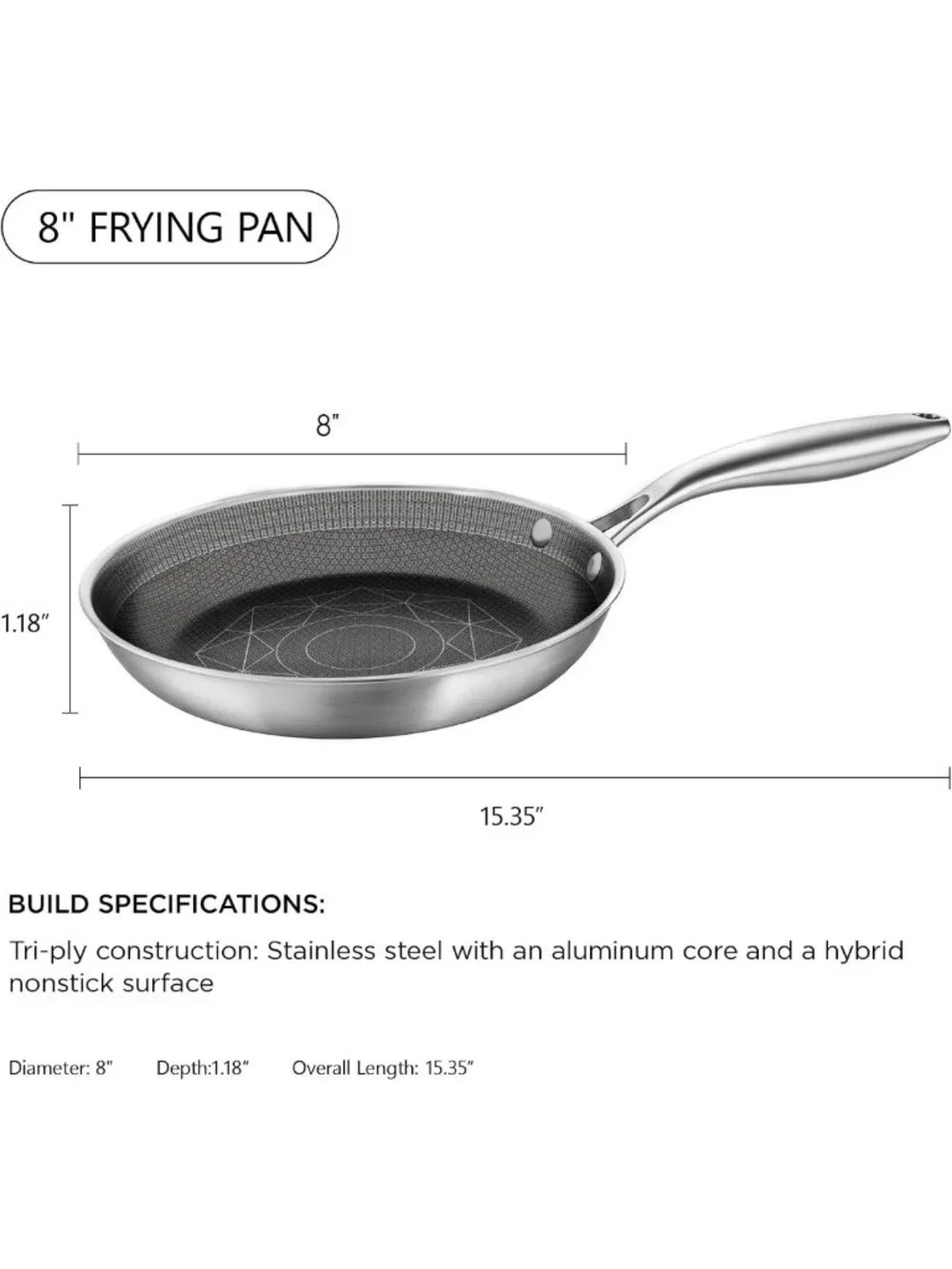 8-Inch Stainless Steel Hybrid Nonstick Frying Pan - Durable, Easy Clean Cookware